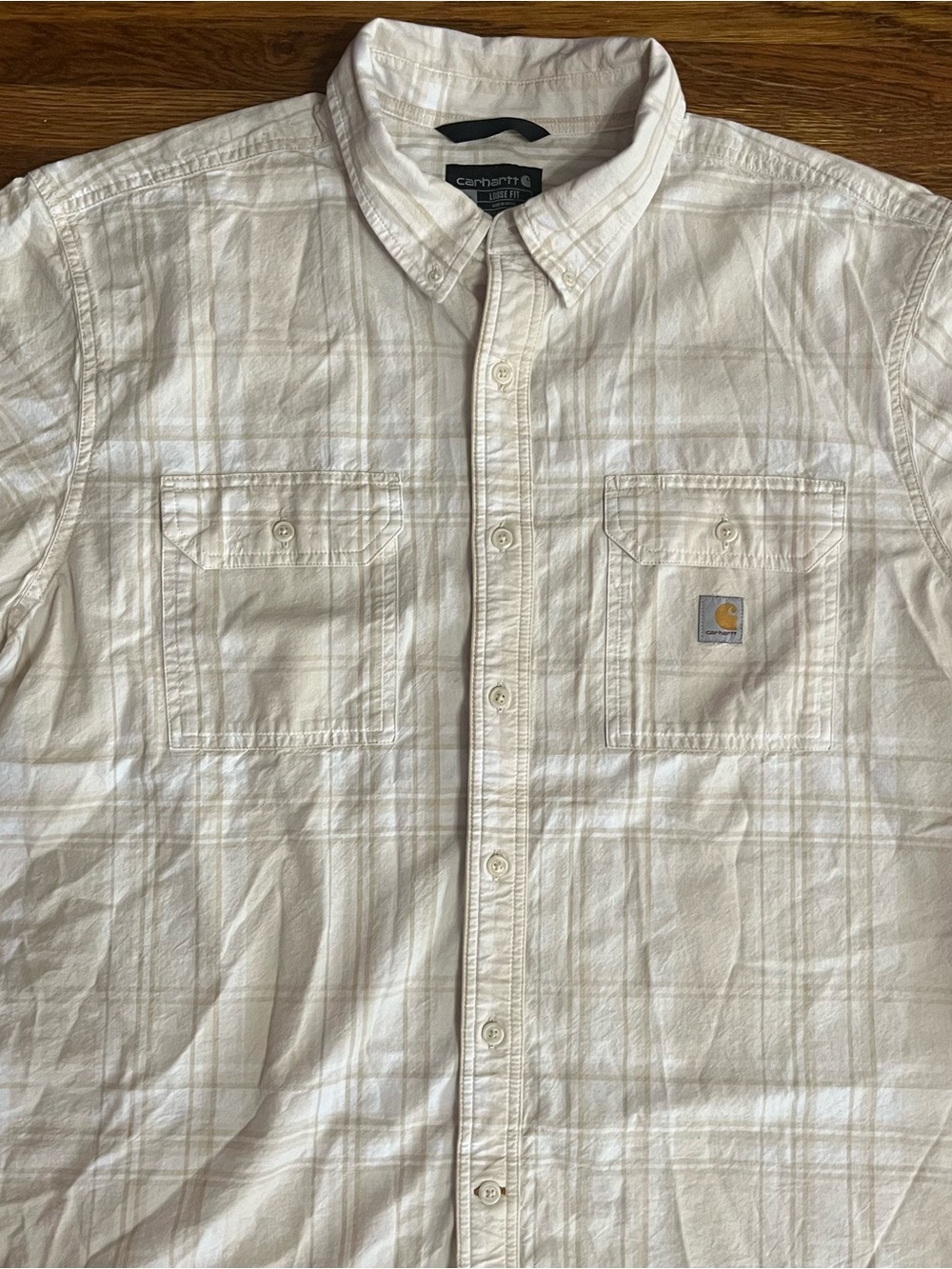 Carhartt plaid button up short sleeve men’s 2XL cream tan